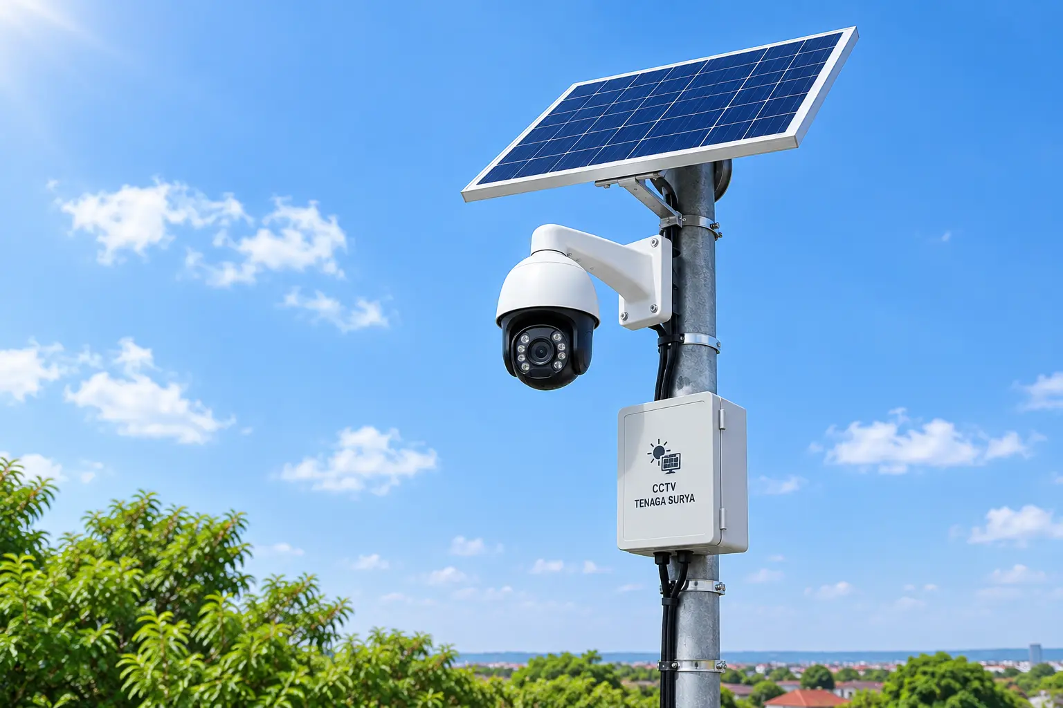 Kamera CCTV tenaga surya terpasang di tiang outdoor tanpa kabel listrik